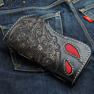 Roter Dämon Lange Biker-Geldbörse aus Rochenleder, Geldbörse auf Denim Rückseite