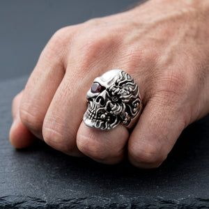 Red Eye Cyborg Skull 925 Sterling Silver Ring worn on an adult hand