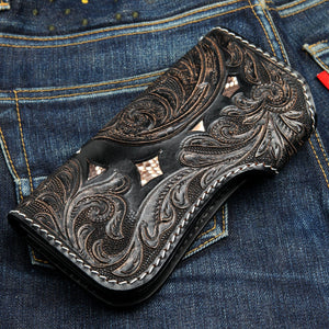 Leren bikerportemonnee met demonenschedel en rood oog, detail achterzijde