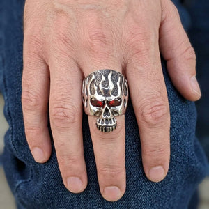 Red Eye Flame Skull Sterling Silver Ring, worn on hand