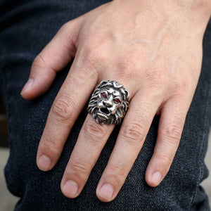 Red CZ Eyes Lion Sterling Silver Ring, worn on the hand
