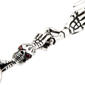 Red-Eye Skeleton Skull Sterling Silver Keychain showing the skull and articulated skeletal hand joints.