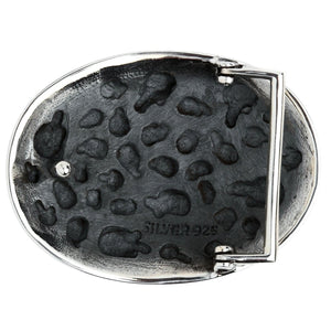 Red-Eye Skull Pile Sterling Silver Belt Buckle showing rear hook, rectangular belt loop and silver mark.
