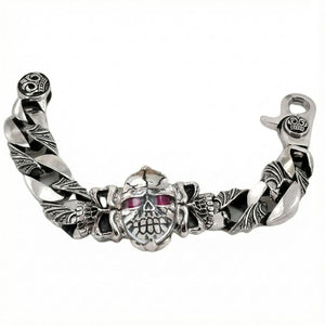 Sterlingsilber-Gliederarmband mit Totenkopf und roten Augen, vollständiges Armband