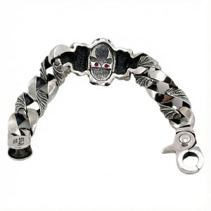 Sterlingsilber-Gliederarmband mit Totenkopf und roten Augen, Innenseite und Markierung