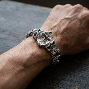 Red-Eye Skull Sterling Silver Link Bracelet, shown in use at realistic scale