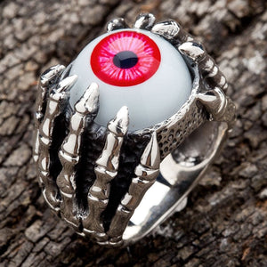 Red Eyeball Claw Sterling Silver Ring, angled view showing detailed dragon claw design on sterling silver red eyeball ring
