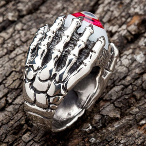 Red Eyeball Claw Sterling Silver Ring, close-up detail of scaled dragon claws on sterling silver gothic eyeball ring