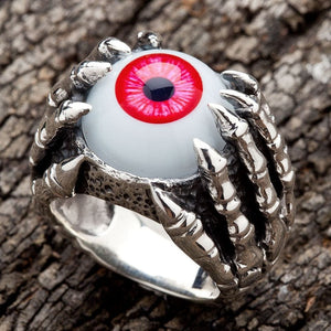 Red Eyeball Claw Sterling Silver Ring, side angle of 925 silver eyeball ring showing claw detail and ring profile