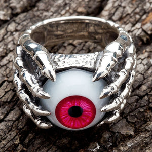 Red Eyeball Claw Sterling Silver Ring, top down view of handcrafted gothic ring with crimson eyeball and silver claws