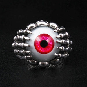 Red Eyeball Skeleton Claw Sterling Silver Ring, eyeball top