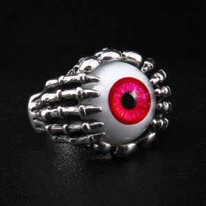 Red Eyeball Skeleton Claw Sterling Silver Ring, red eyeball front