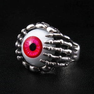 Red Eyeball Skeleton Claw Sterling Silver Ring, skeletal fingers angle
