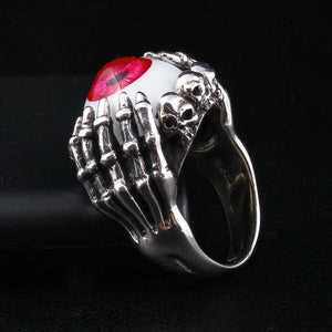 Red Eyeball Skeleton Claw Sterling Silver Ring, skull side profile