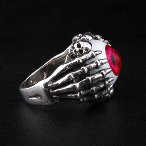 Red Eyeball Skeleton Claw Sterling Silver Ring, small skull detail