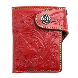 Red Floral Hand-Tooled Leather Trifold Wallet, closed wallet white background