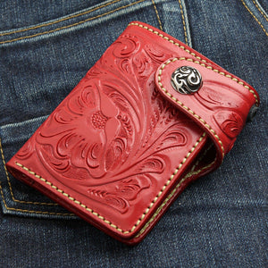 Red Floral Hand-Tooled Leather Trifold Wallet, floral wallet front view