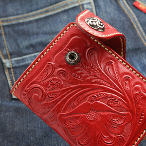 Red Floral Hand-Tooled Leather Trifold Wallet, snap strap detail
