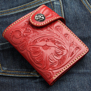 Red Floral Hand-Tooled Leather Trifold Wallet, tooled floral front detail