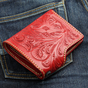 Red Floral Hand-Tooled Leather Trifold Wallet, wallet chain grommet detail