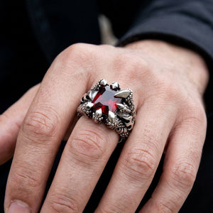 Red Garnet Claw Sterling Silver Gothic Ring, worn on an adult hand