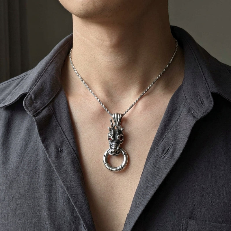 Red Garnet Dragon Head Sterling Silver Pendant