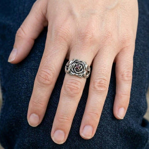 Red Garnet Rose Sterling Silver Ring, worn on a woman's hand