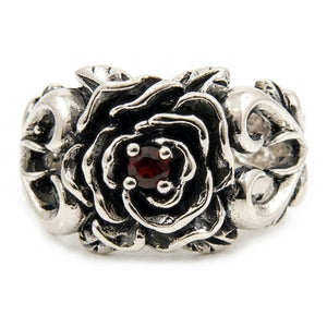Bague rose en argent sterling et grenat rouge, face de la bague rose et grenat