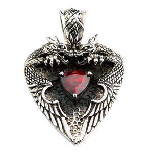 Red Garnet Twin Dragon Heart Sterling Silver Pendant, a front on view of the men s sterling silver twin dragon and garnet heart pendan