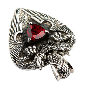 Red Garnet Twin Dragon Heart Sterling Silver Pendant, angled front view of a sterling silver twin dragon heart pendant featuring a tri