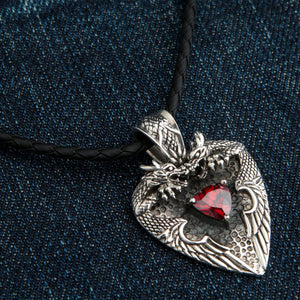 Red Garnet Twin Dragon Heart Sterling Silver Pendant, gothic pendant with twin dragons and red gemstone