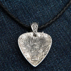 Red Garnet Twin Dragon Heart Sterling Silver Pendant, textured reverse in a guitar pick outline patterned bail above and a 925 stamp o