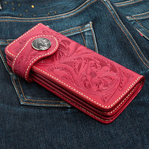 Red Indian Head Floral Leather Biker Wallet, floral tooled front view