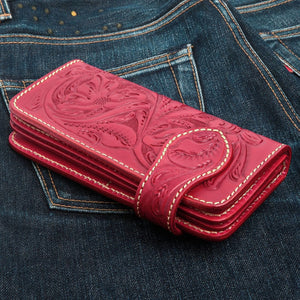 Red Indian Head Floral Leather Biker Wallet, folded wallet side profile