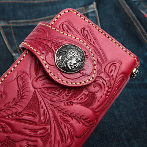 Red Indian Head Floral Leather Biker Wallet, indian head concho detail