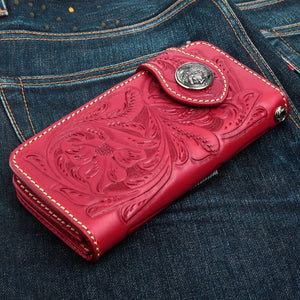 Red Indian Head Floral Leather Biker Wallet, red wallet front view