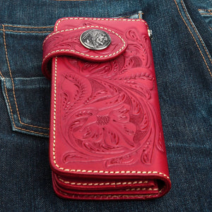 Red Indian Head Floral Leather Biker Wallet, wallet back pocket view