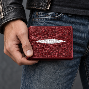 Burgundy stingray bifold held at a lower corner against dark jeans, leaving the long horizontal pale pearl mark visible.
