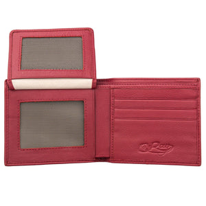 Red Pearl Stingray Bifold Wallet showing the raised flap with two transparent ID windows.