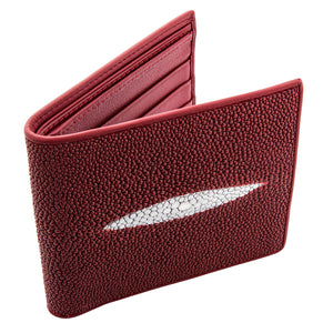Red Pearl Stingray Bifold Wallet showing front exterior with the fold partly open.