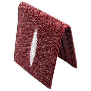 Red Pearl Stingray Bifold Wallet showing pearl-marked panel standing upright.
