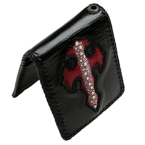 Red Row Stingray Cross Leather Biker Wallet, standing front angle