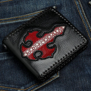 Red Row Stingray Cross Leather Biker Wallet, stingray cross angled front