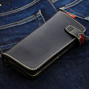 Red Snakeskin Star Black Leather Biker Wallet, back denim