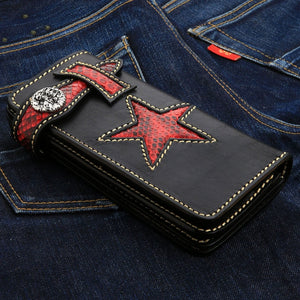 Red Snakeskin Star Black Leather Biker Wallet, front diagonal denim