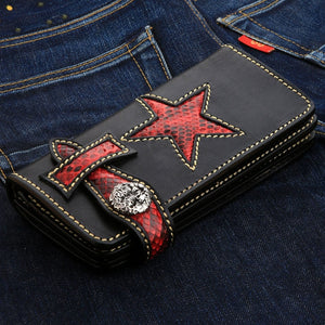 Red Snakeskin Star Black Leather Biker Wallet, front oblique denim