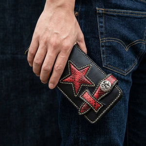 Red Snakeskin Star Black Leather Biker Wallet, held at the waist