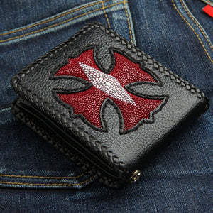 Red Stingray Cross Black Bifold Wallet, front right angle