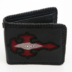 Red Stingray Cross Black Leather Bifold Wallet showing closed cross on white