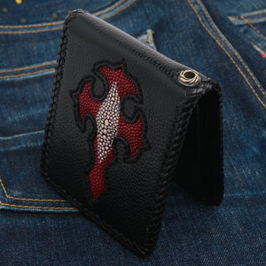 Red Stingray Cross Black Leather Bifold Wallet showing red cross angle